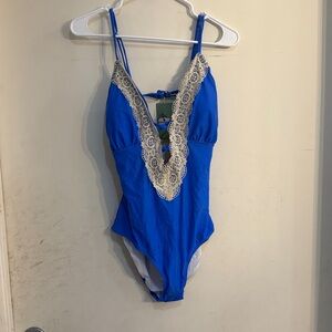 NWT Blue Lace Trim One-Piece Swimsuit